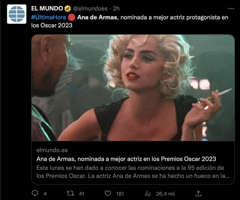 Ana de Armas, nominada a mejor actriz en los Premios Oscar 2023