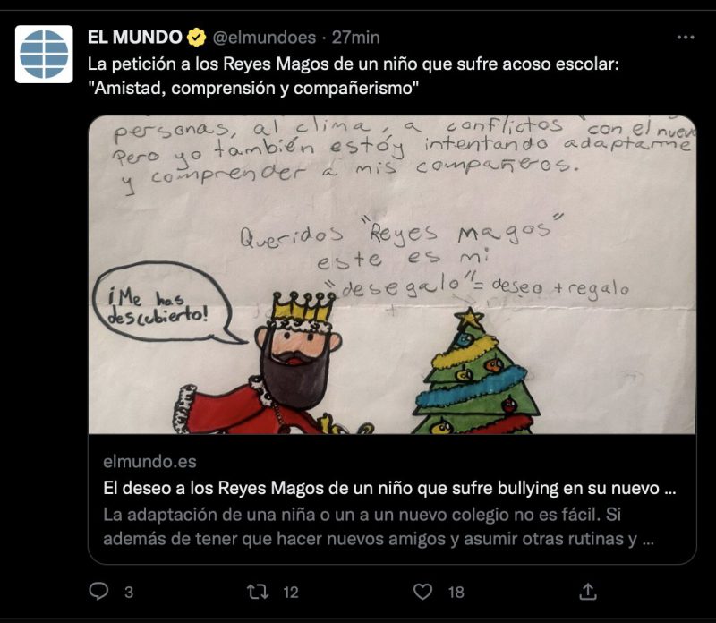 El deseo a los Reyes Magos de un niño que sufre bullying