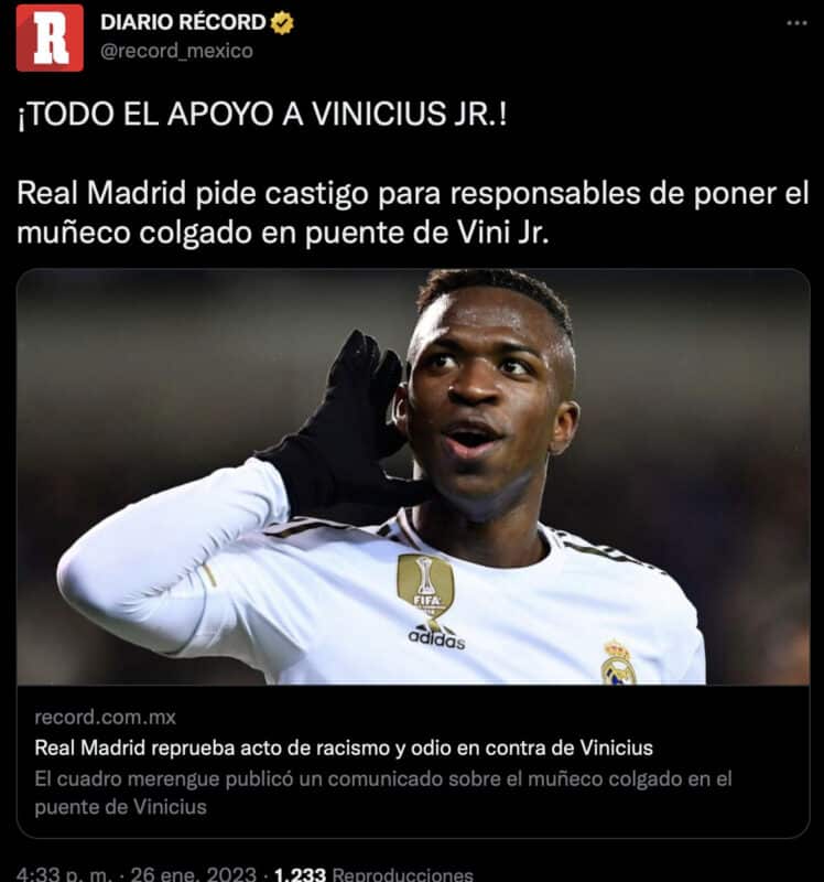 Real Madrid reprueba acto de racismo y odio en contra de Vinicius